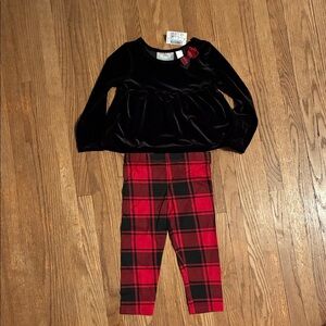 Place Black Velvet Top and Red Plaid Pant Set
